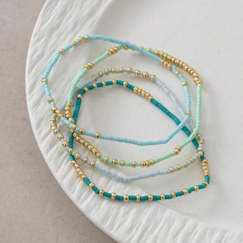 Gold & Aqua Beaded Anklet Set - Women Jewelry